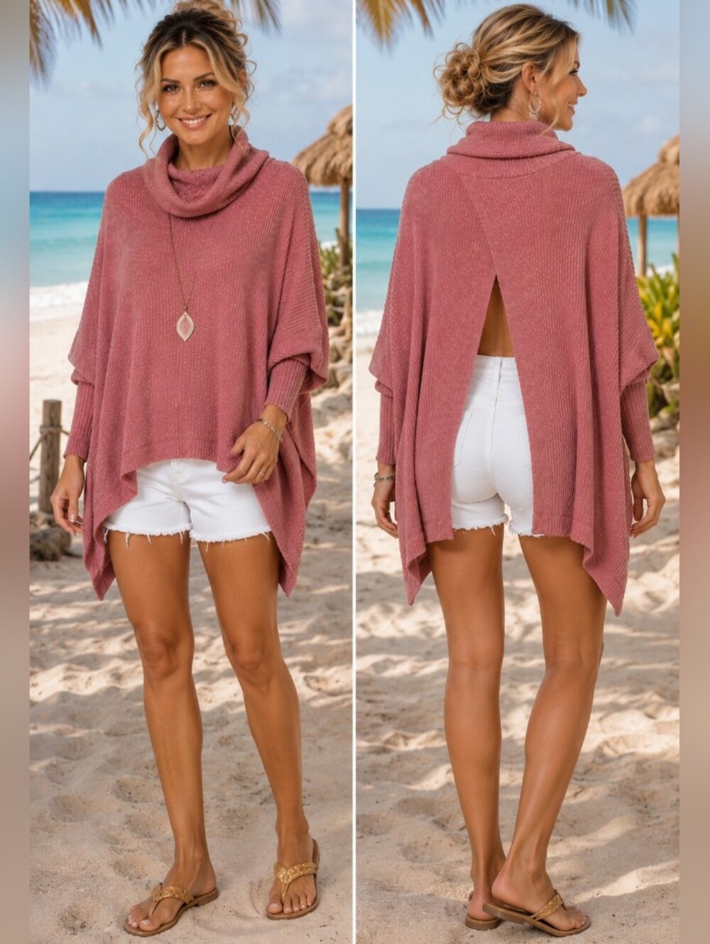 Free People Beach World Traveler Split Back Cowlneck Pullover- Dusty Rose